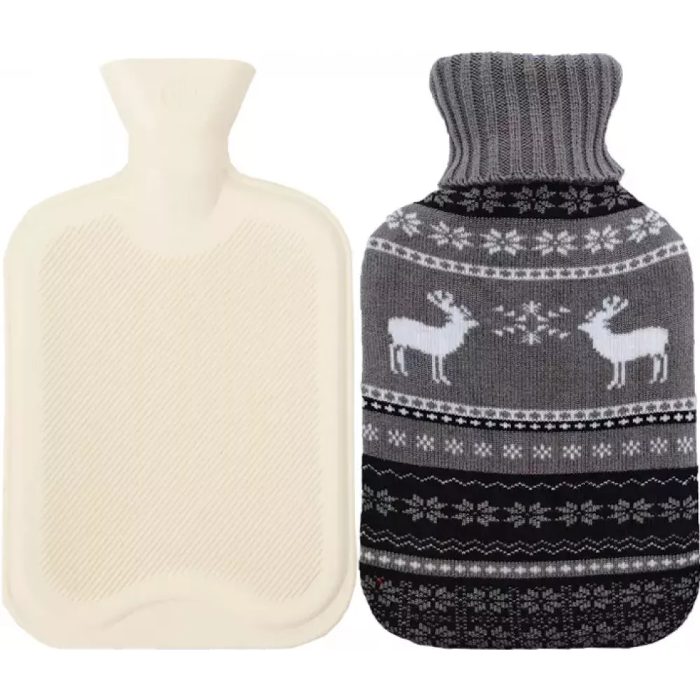 Wärmflasche mit Strickdecke (2 Liter) - Hirsche grau