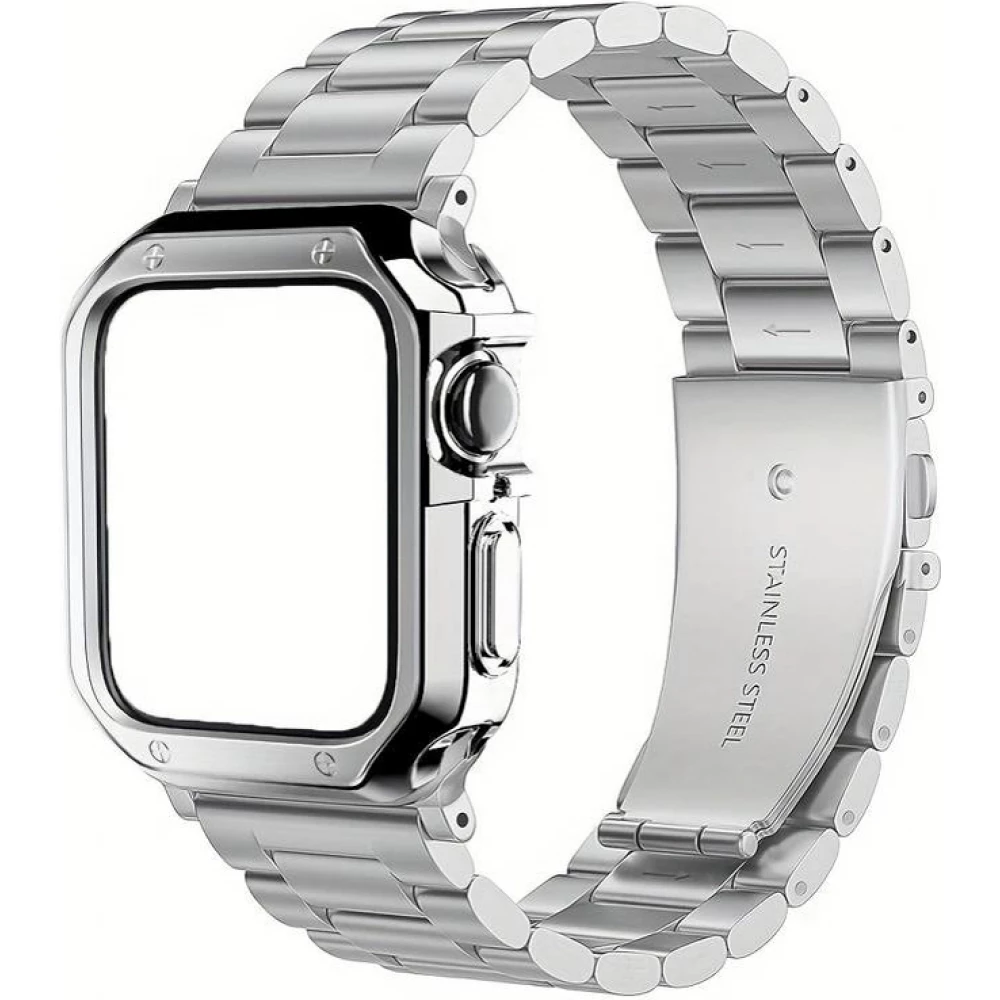 Bracelet en métal raffiné avec coque de protection en silicone TPU intégrée pour Apple Watch 49mm - Argent