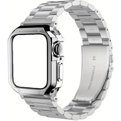Bracelet en métal raffiné avec coque de protection en silicone TPU intégrée pour Apple Watch 49mm - Argent