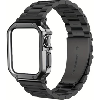 Bracelet en métal raffiné avec coque de protection en silicone TPU intégrée pour Apple Watch 49mm - Noir