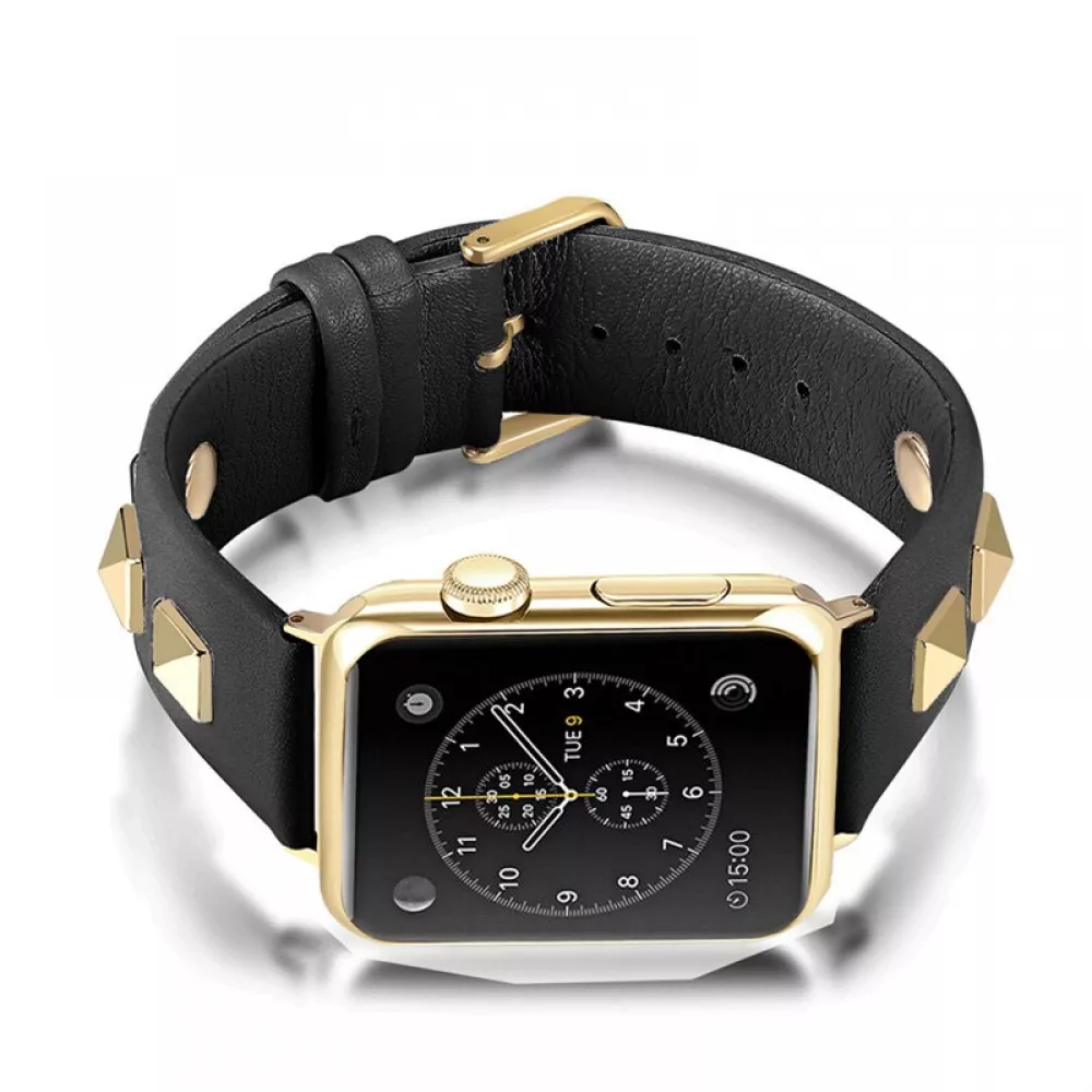 Punkarmband aus echtem Leder, größenverstellbar - Schwarz - Apple Watch 38/40/41/42 mm