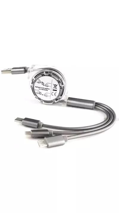 3 in 1 Multi-Anschluss Ladekabel zusammenrollend mit Micro-USB, USB-C und Lightning - Silber