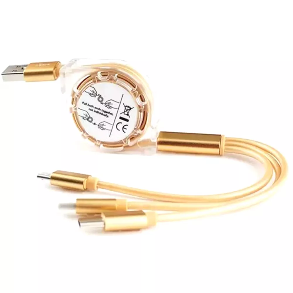 3 in 1 Multi-Anschluss Ladekabel zusammenrollend mit Micro-USB, USB-C und Lightning - Gold