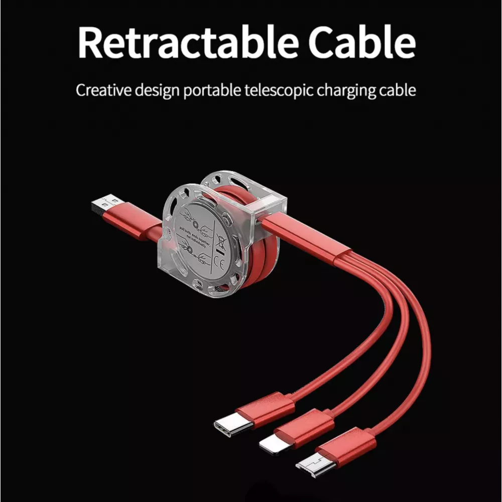 Câble 3 en 1 multi-ports rétractable avec micro-USB, USB-C et Lightning - Rouge