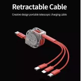 Câble 3 en 1 multi-ports rétractable avec micro-USB, USB-C et Lightning - Rouge