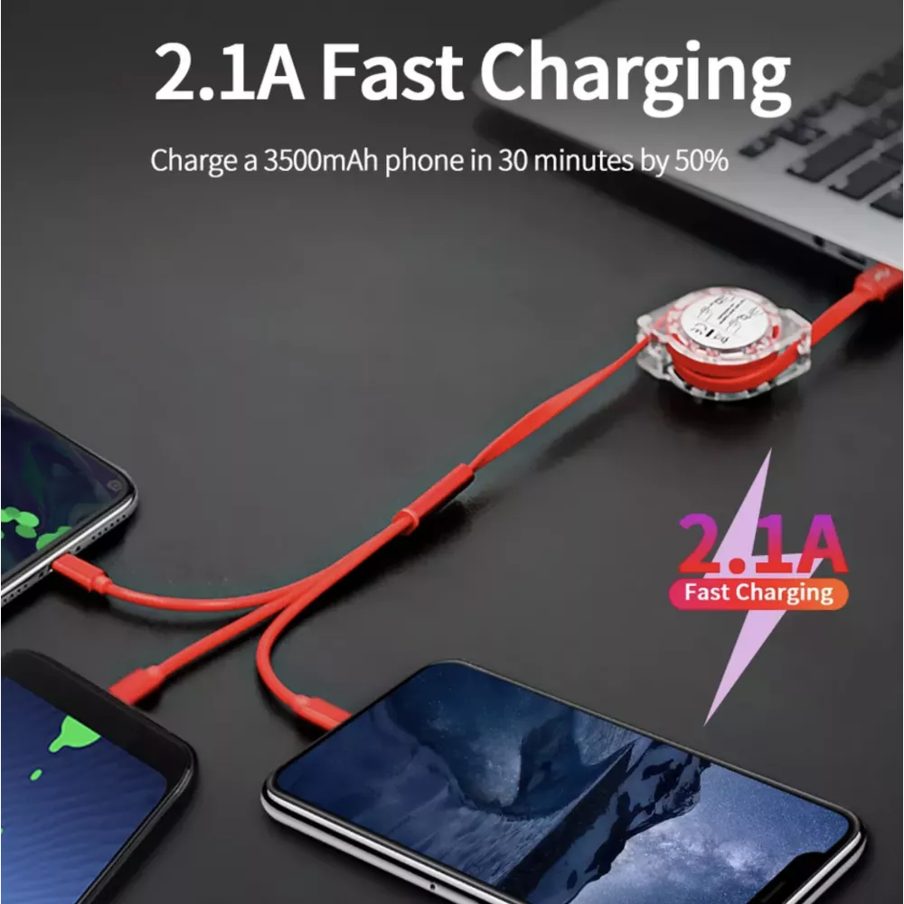 Câble 3 en 1 multi-ports rétractable avec micro-USB, USB-C et Lightning - Rouge