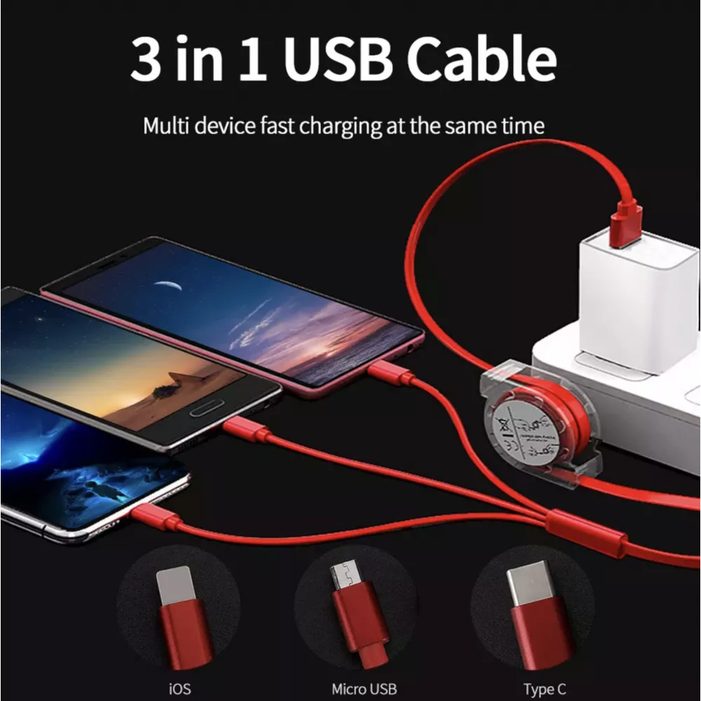 Câble 3 en 1 multi-ports rétractable avec micro-USB, USB-C et Lightning - Rouge