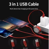 Câble 3 en 1 multi-ports rétractable avec micro-USB, USB-C et Lightning - Rouge