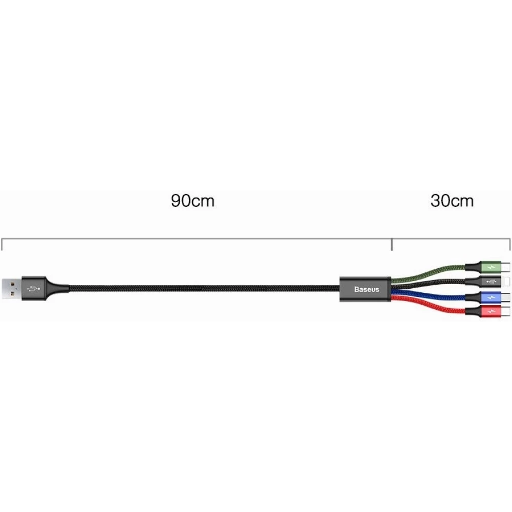 Câble USB 4 en 1 (1x Lightning, 2x USB-C, 1x Micro USB) tressé nylon 3.5A (1.2 m) - Noir