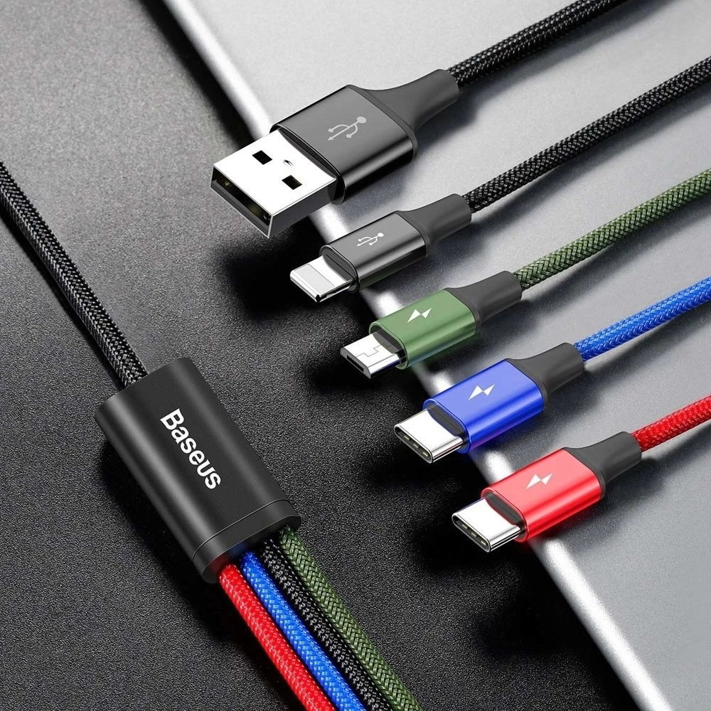 Câble USB 4 en 1 (1x Lightning, 2x USB-C, 1x Micro USB) tressé nylon 3.5A (1.2 m) - Noir