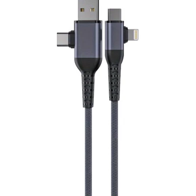 C&acirc;ble de charge multifonctionnel 4 en 1 en nylon avec connecteur USB-A, USB-C & Lightning 1.8m - Gris