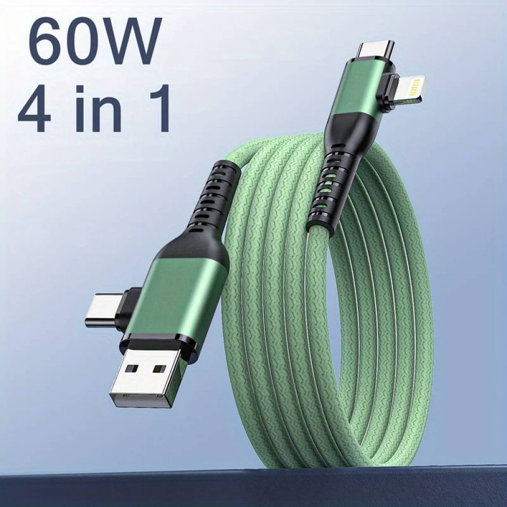 C&acirc;ble de charge multifonctionnel 4 en 1 en nylon avec connecteur USB-A, USB-C & Lightning 1.8m - Gris