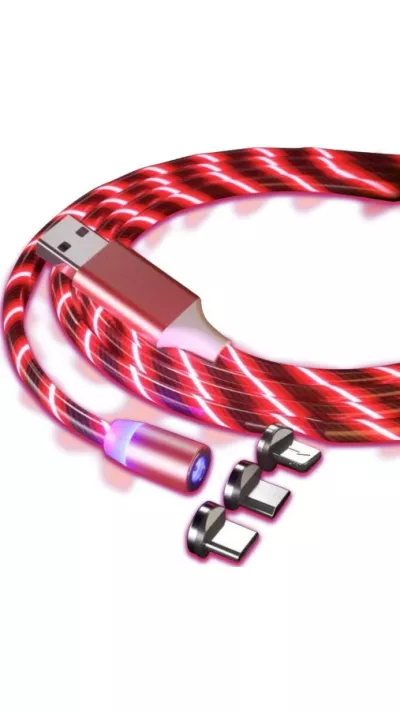 Câble de chargement USB 3 en 1 avec lumière LED et embouts de chargement magnétiques - Rouge