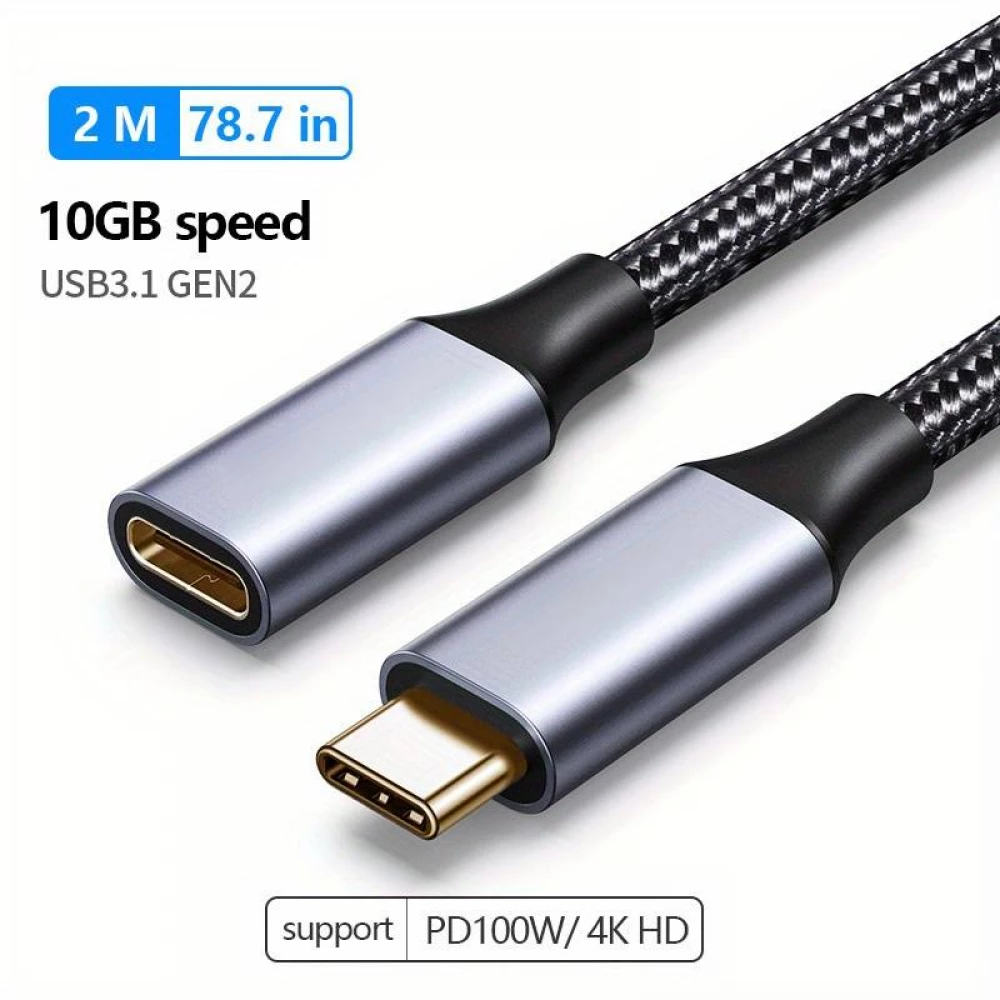 USB-C (Eingang) auf USB-C (Ausgang) Nylon Verl&auml;ngerungskabel 2 Meter - Schwarz