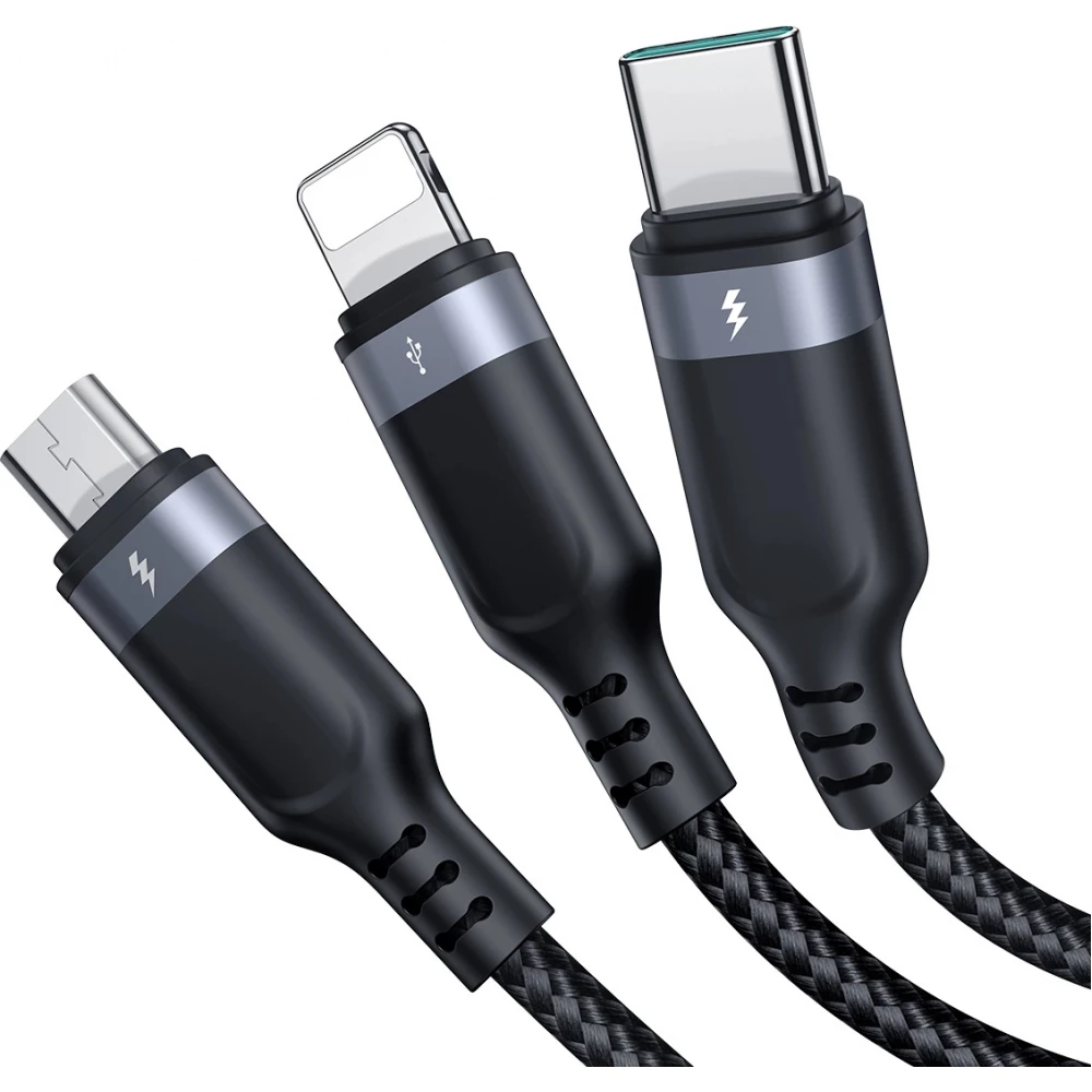 Câble multiple 3 en 1 Nylon USB-A vers Lightning / USB-C / micro USB - Joyroom Multi-Usage S-A18 (30 cm) - Noir