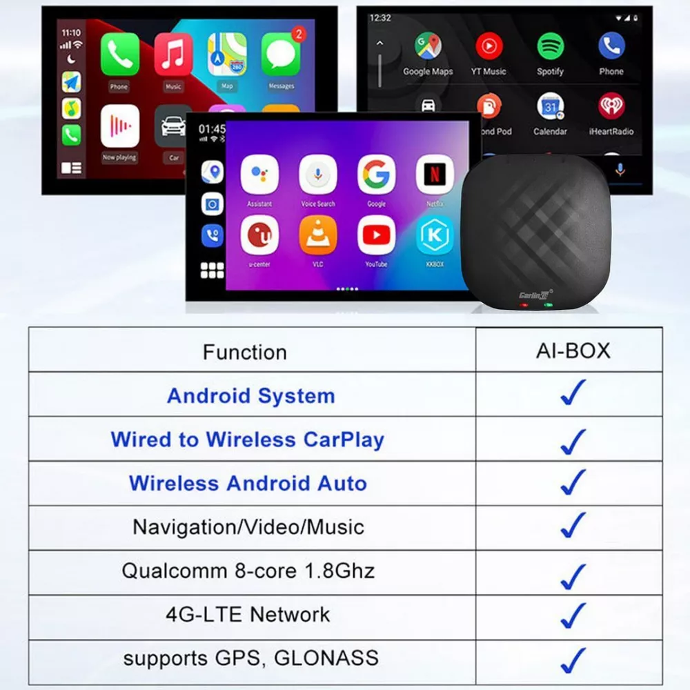 Carlinkit TBox Full Ai Smart Box adaptateur/convertisseur (Android 13.0 - CPC200-Tbox Plus) Wireless CarPlay et Android Auto