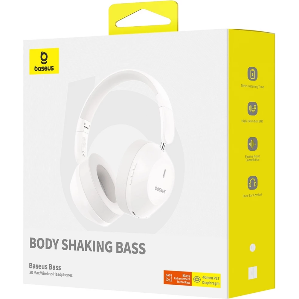 Baseus Bass 30 Max Drahtlose On-Ear Bluetooth 5.3 Kopfh&ouml;rer Kabellos Hochwertig Soundqualit&auml;t - Weiss