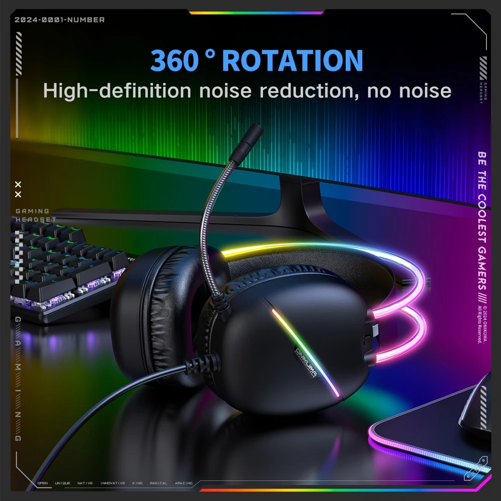 ONIKUMA Gaming-Headset mit RGB-LED USB-C und HD-Mikrofon für PC und PS - Schwarz