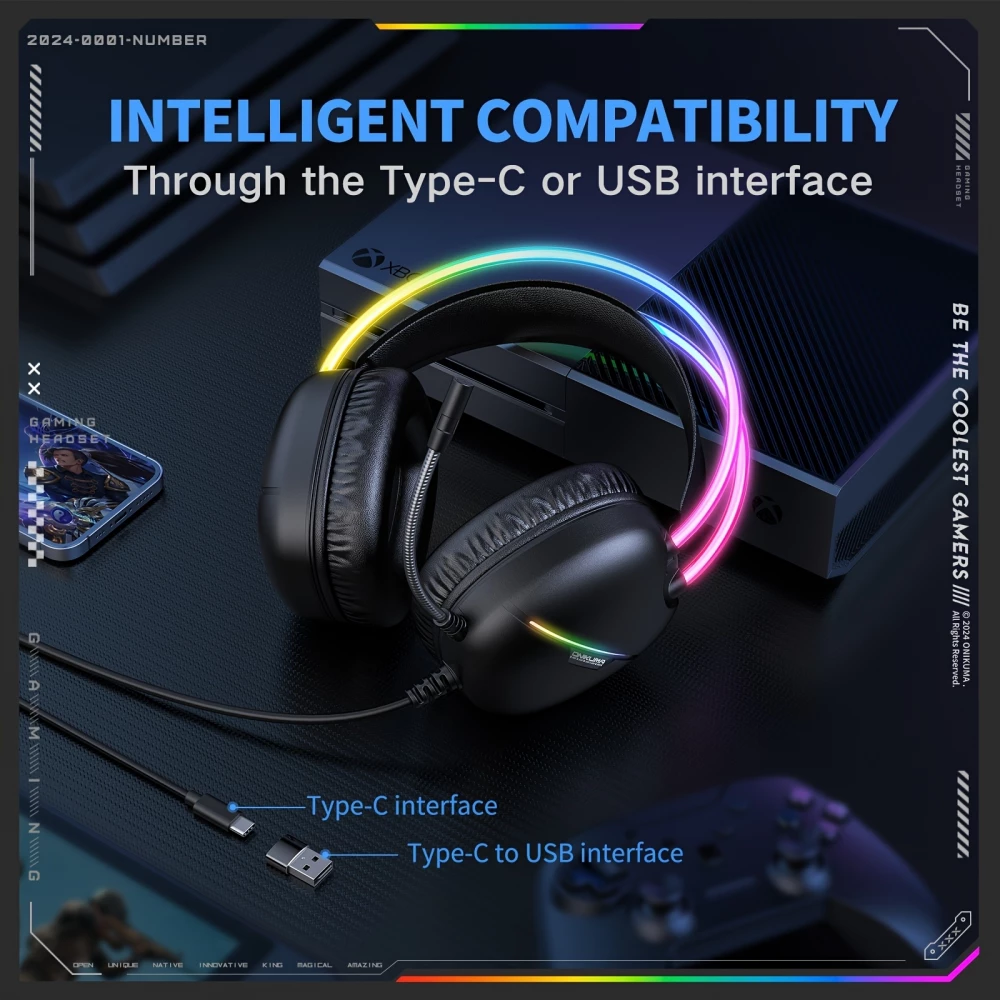 ONIKUMA Gaming-Headset mit RGB-LED USB-C und HD-Mikrofon für PC und PS - Schwarz