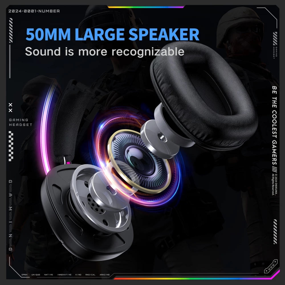 ONIKUMA Gaming-Headset mit RGB-LED USB-C und HD-Mikrofon für PC und PS - Schwarz