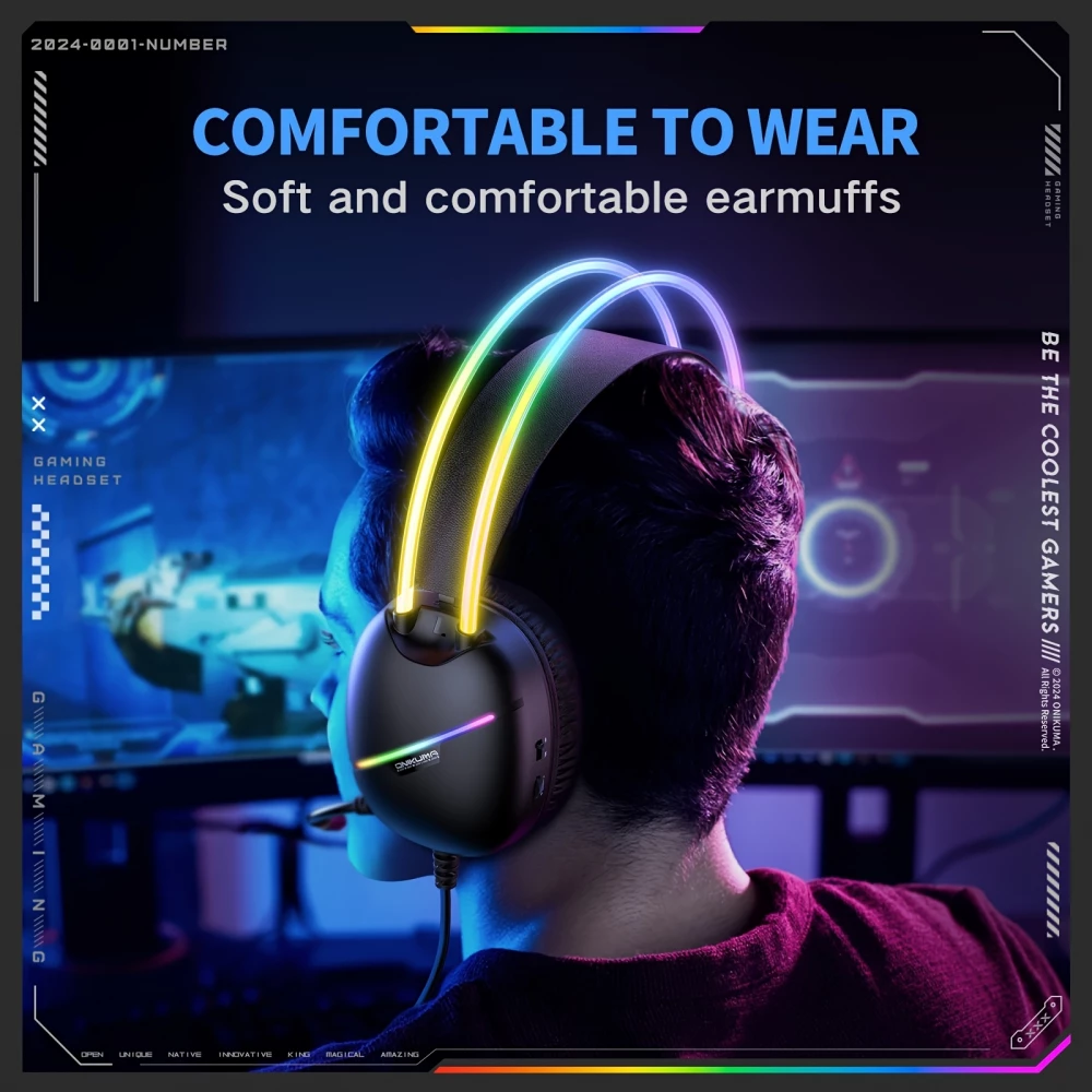 ONIKUMA Gaming-Headset mit RGB-LED USB-C und HD-Mikrofon für PC und PS - Schwarz