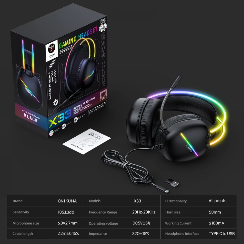 ONIKUMA Gaming-Headset mit RGB-LED USB-C und HD-Mikrofon für PC und PS - Schwarz