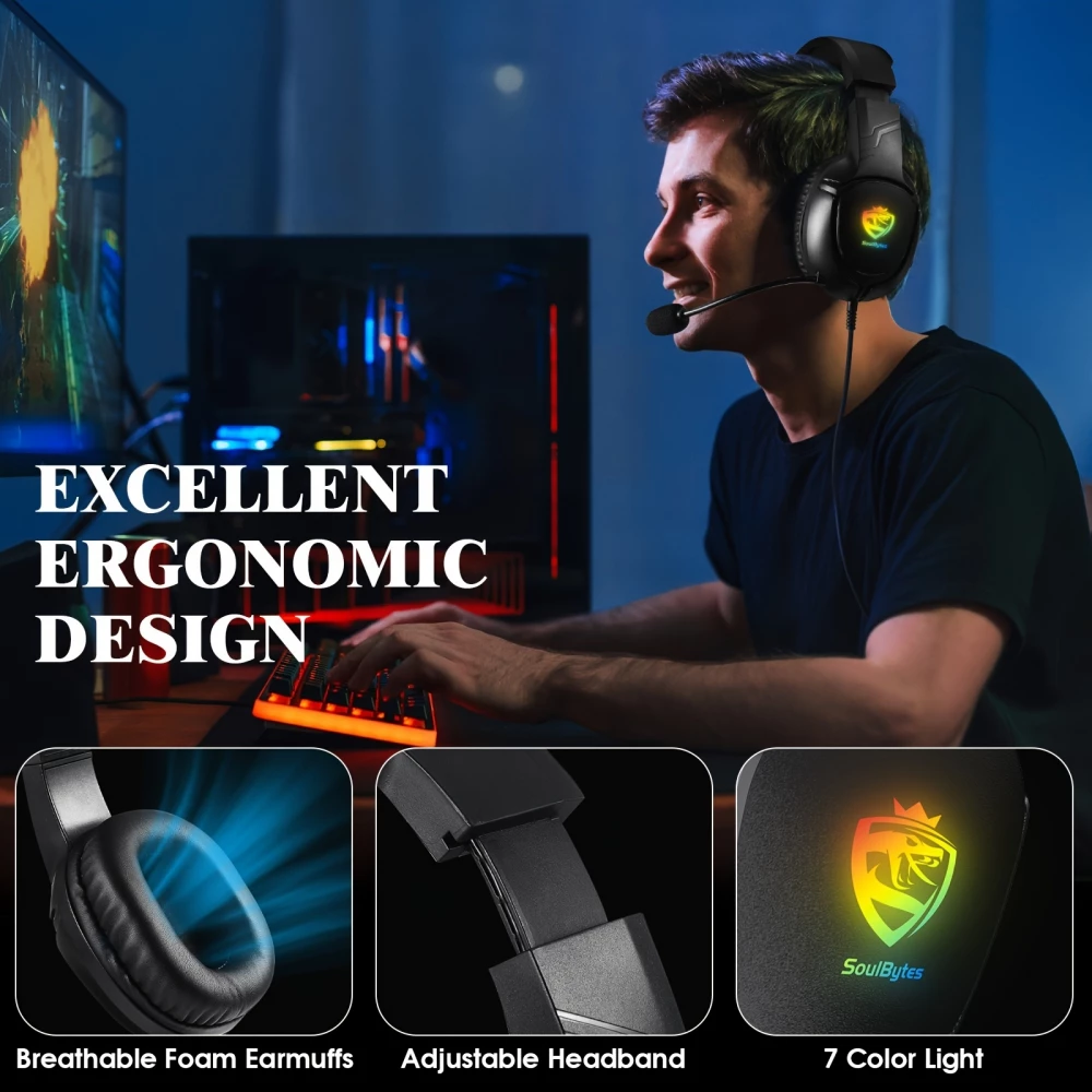 SOULBYTES S20 RGB Gaming Headset mit Surround-Sound Mikrofon für PS4 / PS5 / XBOX / PC 3.5 mm - Schwarz