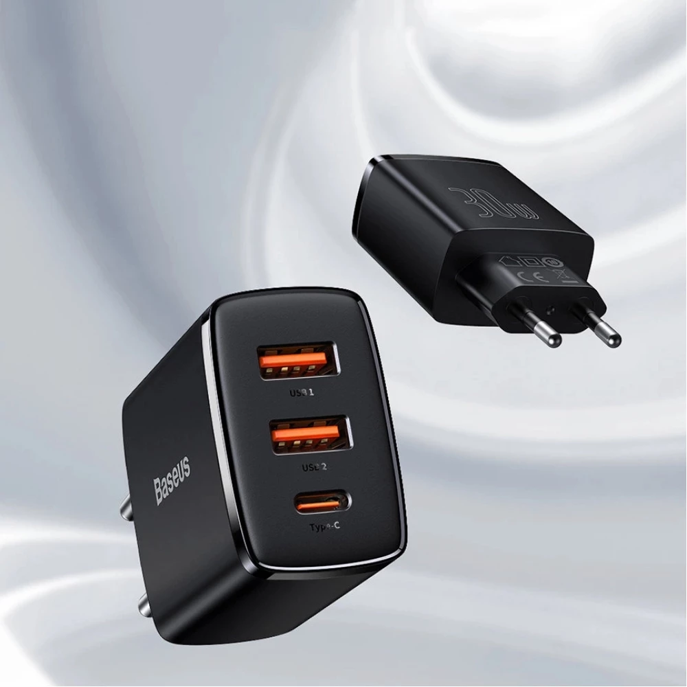Chargeur Rapide Compact Baseus 30W 2x USB USB Type C Power Delivery Quick Charge 3A - Noir