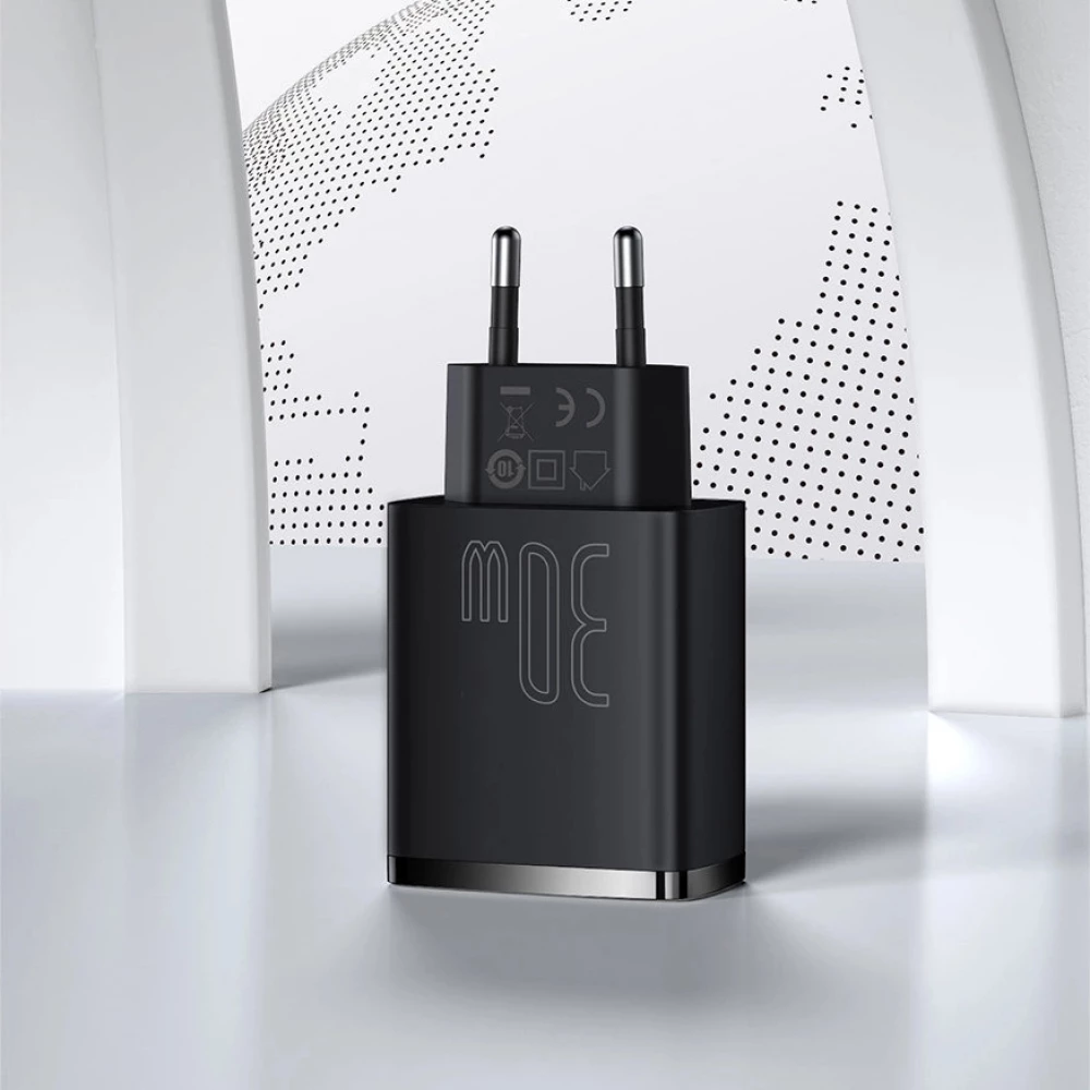 Chargeur Rapide Compact Baseus 30W 2x USB USB Type C Power Delivery Quick Charge 3A - Noir