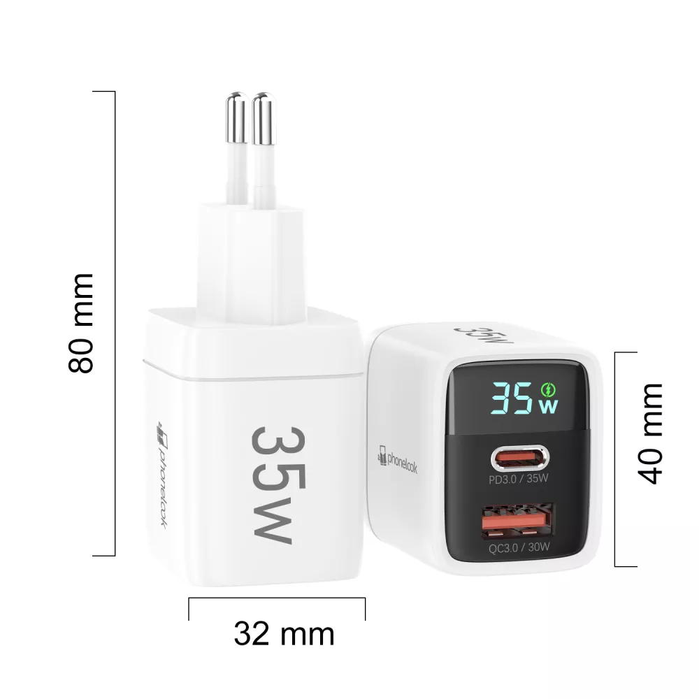 Chargeur USB-A et USB-C GaN/PD3.0 35W avec affichage LED ultra puissant PhoneLook - Blanc