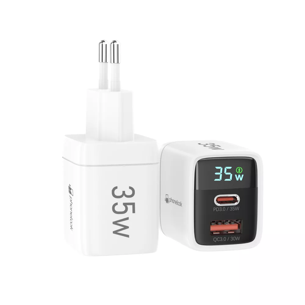 Chargeur USB-A et USB-C GaN/PD3.0 35W avec affichage LED ultra puissant PhoneLook - Blanc