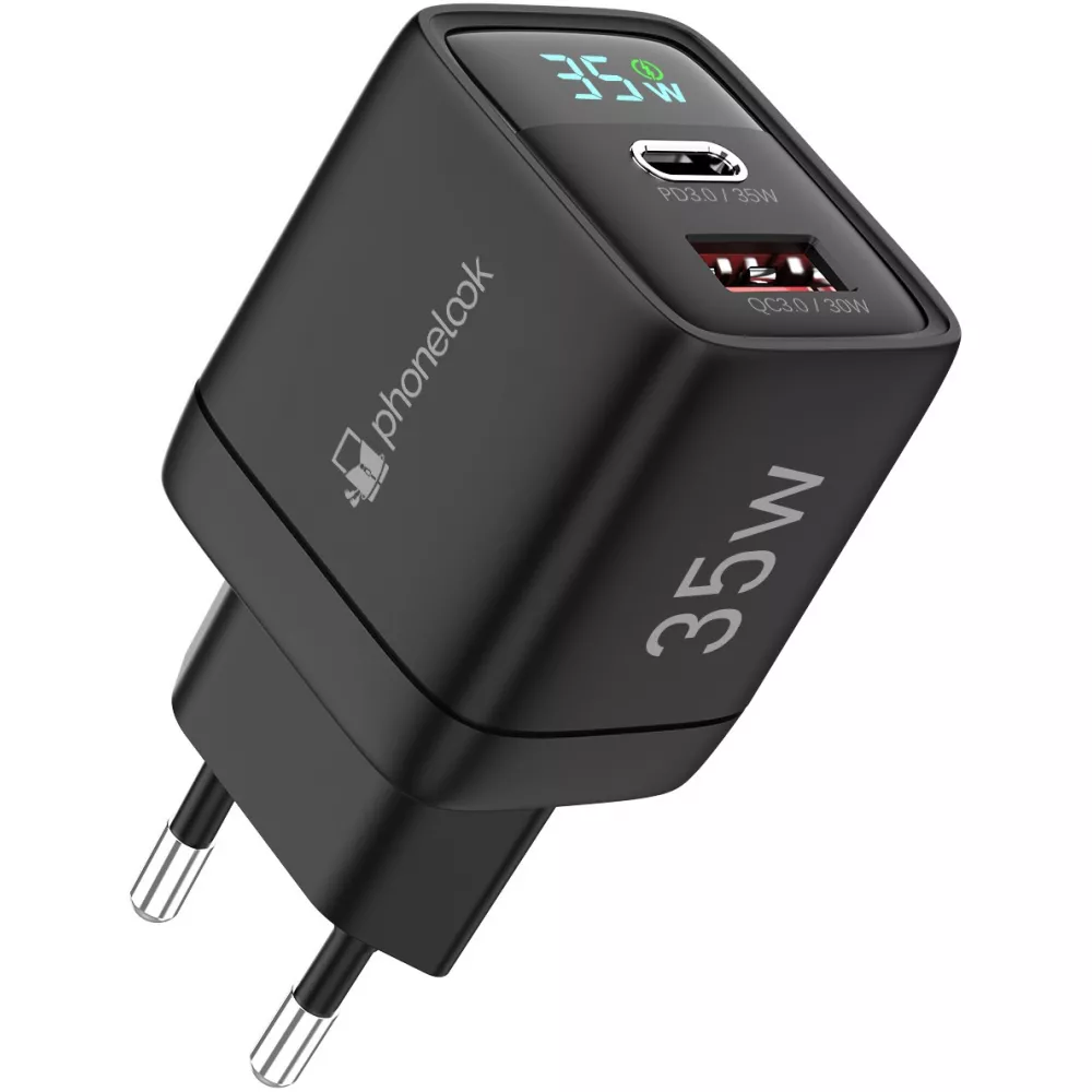 Chargeur USB-A et USB-C GaN/PD3.0 35W avec affichage LED ultra puissant PhoneLook - Noir