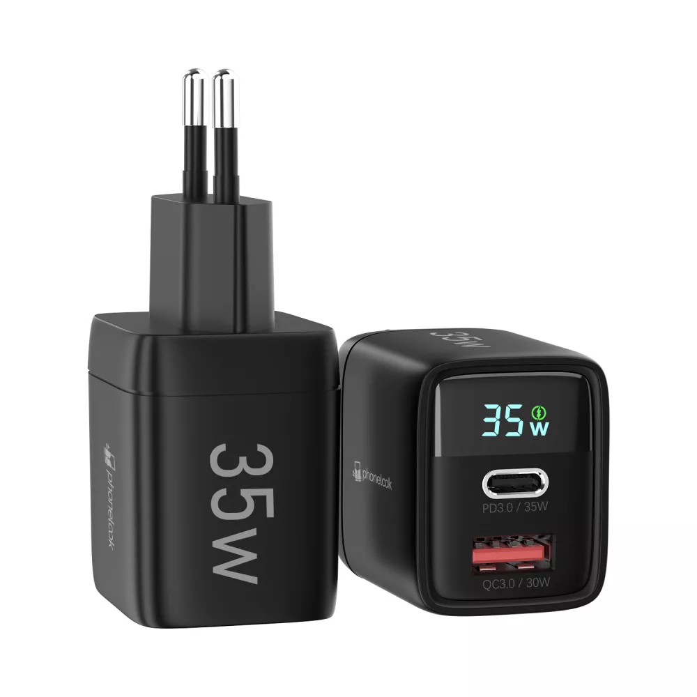 Chargeur USB-A et USB-C GaN/PD3.0 35W avec affichage LED ultra puissant PhoneLook - Noir