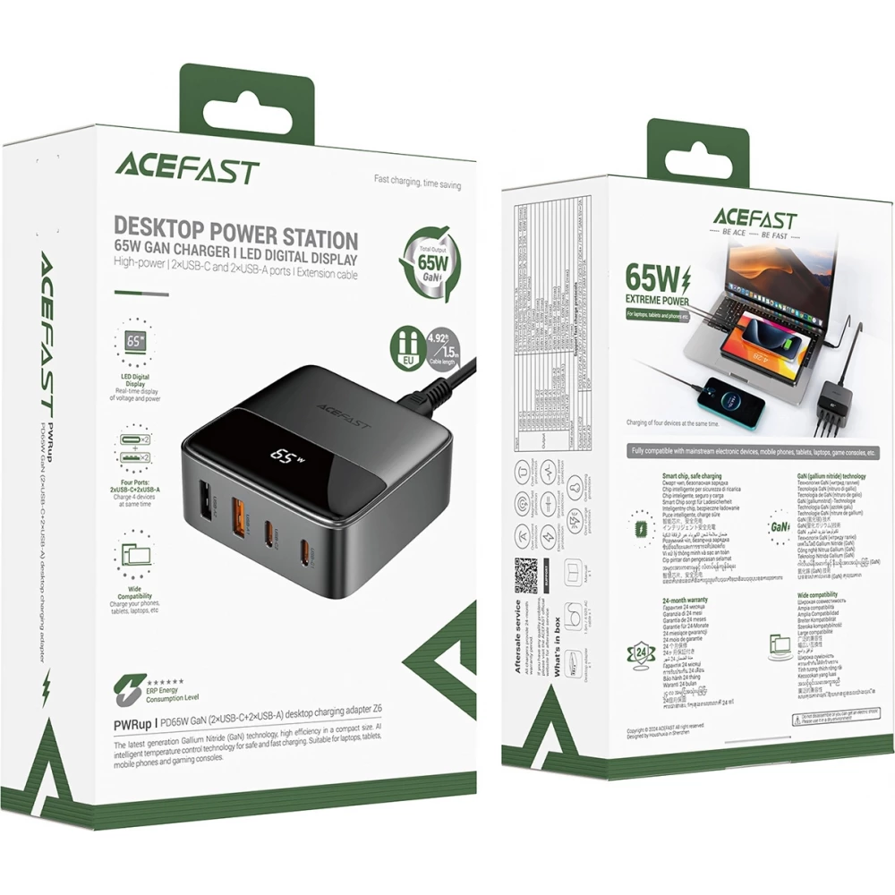 Acefast Z6 65W GaN Netzladeger&auml;t (2x USB-A / 2x USB-C) PD - Schwarz