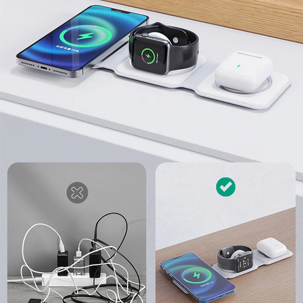 Chargeur inductif 15W pliable 3 en 1 Dudao A11N avec c&acirc;ble USB-C format poche - Blanc