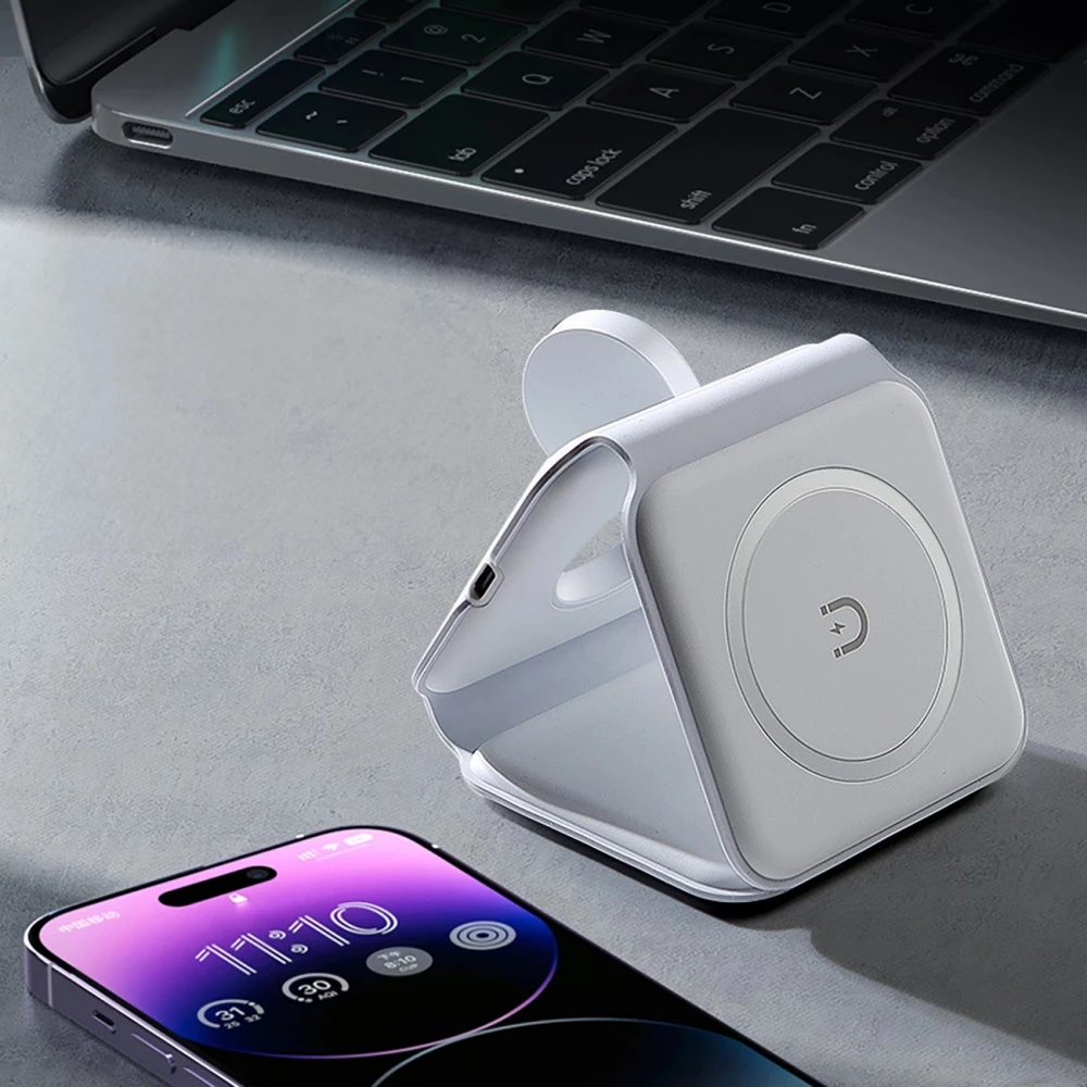 Chargeur inductif 15W pliable 3 en 1 Dudao A11N avec c&acirc;ble USB-C format poche - Blanc