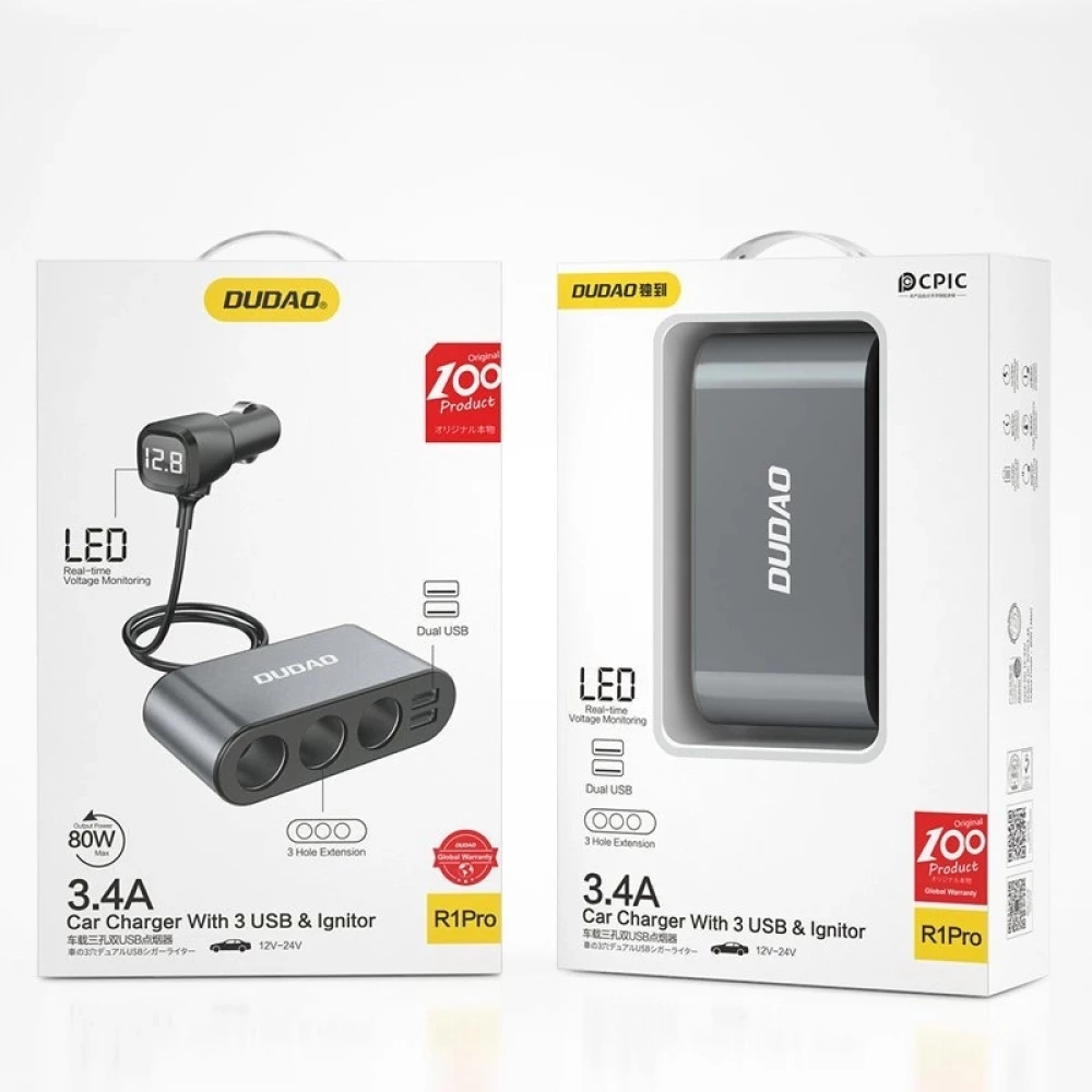 Dudao 3x Zigarettenanzünder Auto Mehrfachstecker mit Doppel-USB-A Multifunktionsverteiler - Schwarz