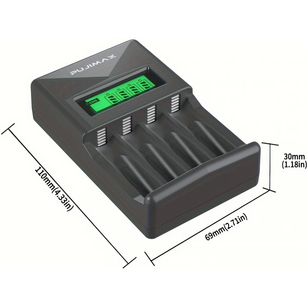 Chargeur rapide 4 emplacements avec écran LCD pour piles AA/AAA - Noir