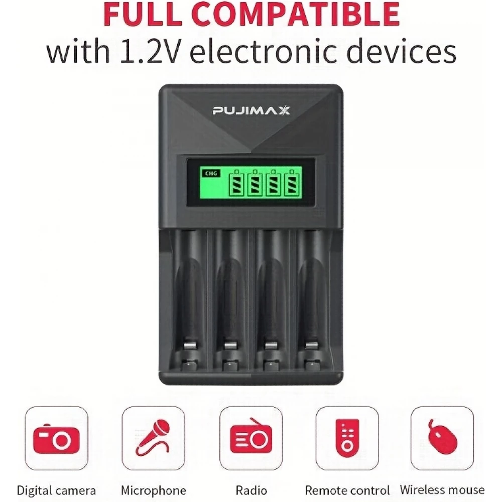 Chargeur rapide 4 emplacements avec écran LCD pour piles AA/AAA - Noir