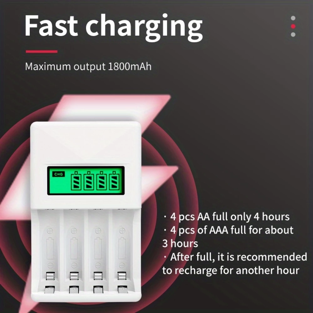 Chargeur rapide 4 emplacements avec écran LCD pour piles AA/AAA - Noir