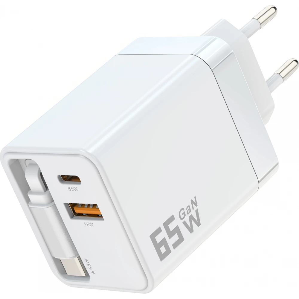 Chargeur rapide multiports PD 65W avec c&acirc;ble USB-C int&eacute;gr&eacute; - Blanc