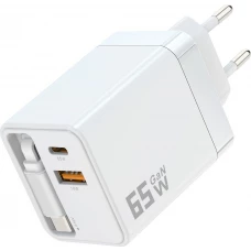 Chargeur rapide multiports PD 65W avec c&acirc;ble USB-C int&eacute;gr&eacute; - Blanc