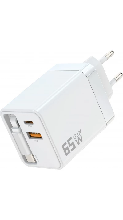 Chargeur rapide multiports PD 65W avec c&acirc;ble USB-C int&eacute;gr&eacute; - Blanc