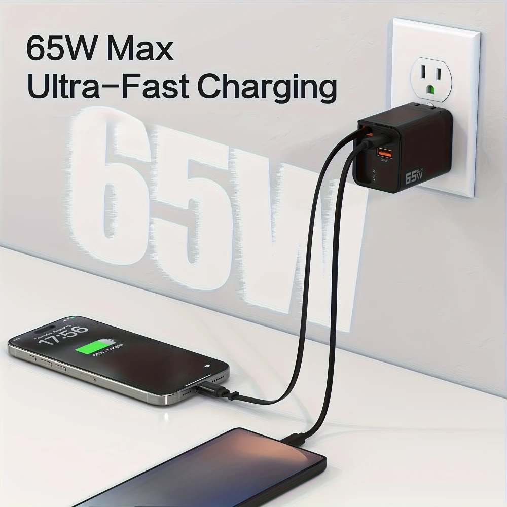 Chargeur rapide multiports PD 65W avec c&acirc;ble USB-C int&eacute;gr&eacute; - Blanc