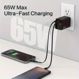 Chargeur rapide multiports PD 65W avec c&acirc;ble USB-C int&eacute;gr&eacute; - Blanc