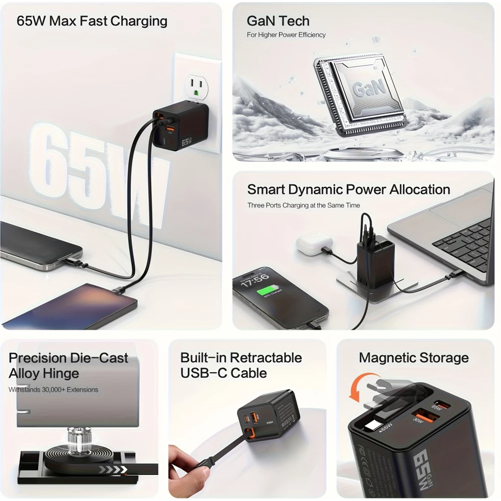 Chargeur rapide multiports PD 65W avec c&acirc;ble USB-C int&eacute;gr&eacute; - Blanc