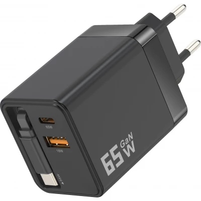 Chargeur rapide multiports PD 65W avec c&acirc;ble USB-C int&eacute;gr&eacute; - Noir