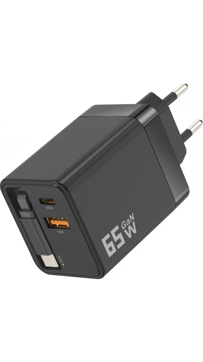 Chargeur rapide multiports PD 65W avec c&acirc;ble USB-C int&eacute;gr&eacute; - Noir