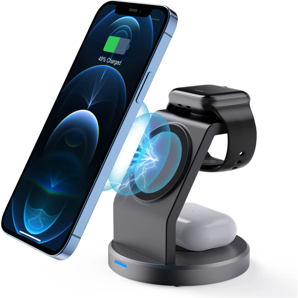 15W Magnetisches kabelloses Ladegerät 3-in-1 Schnelllade Station für iPhone, Apple Watch, AirPods - Schwarz