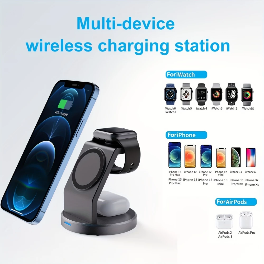 15W Magnetisches kabelloses Ladegerät 3-in-1 Schnelllade Station für iPhone, Apple Watch, AirPods - Schwarz
